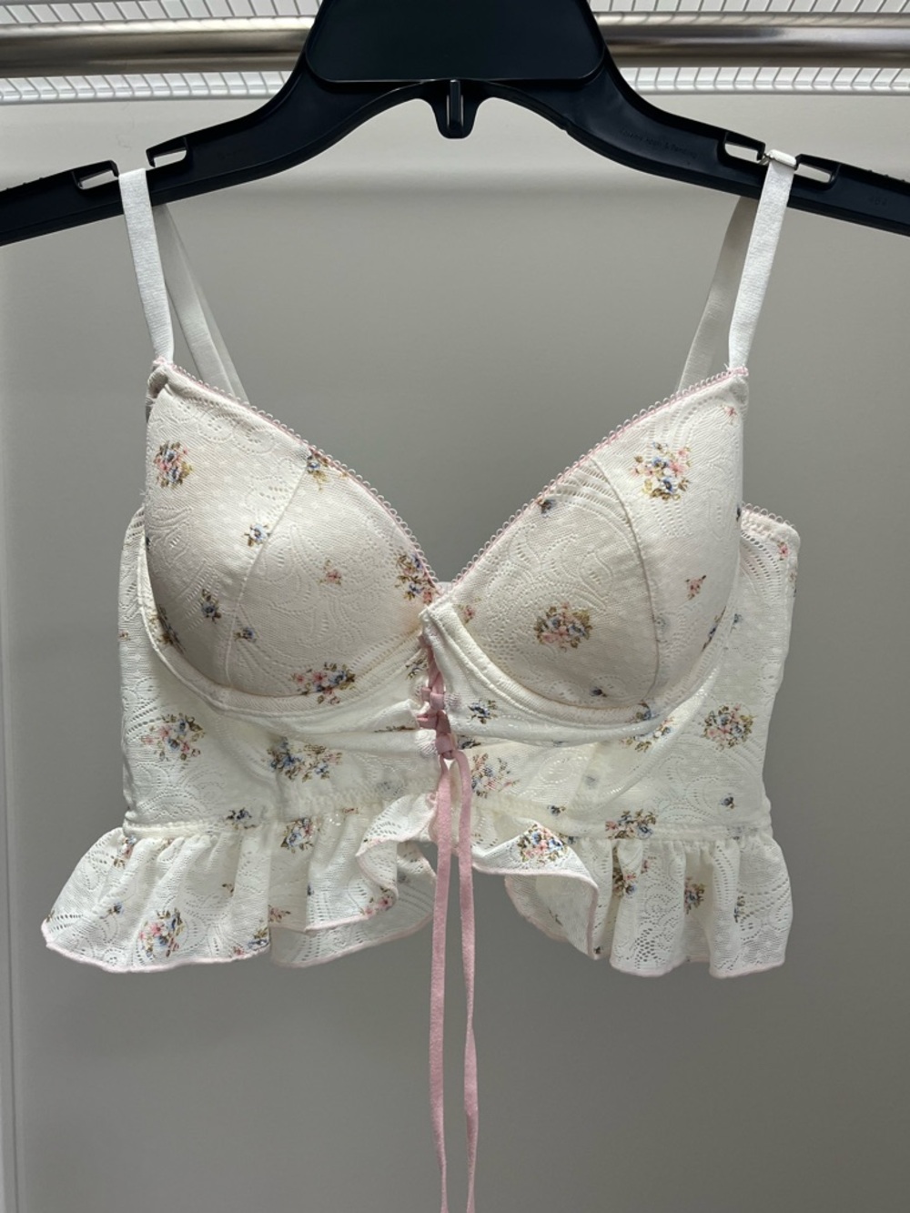 Forever 21 Cream Floral Lace Bustier/Bralette with Pink Ribbon Detail